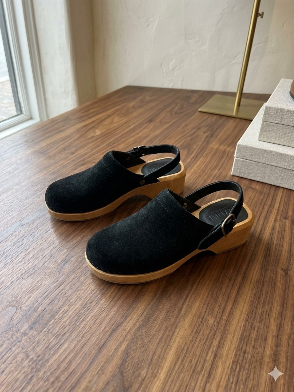 Re/Done Black Suede Slingback Clogs with Wood Platform